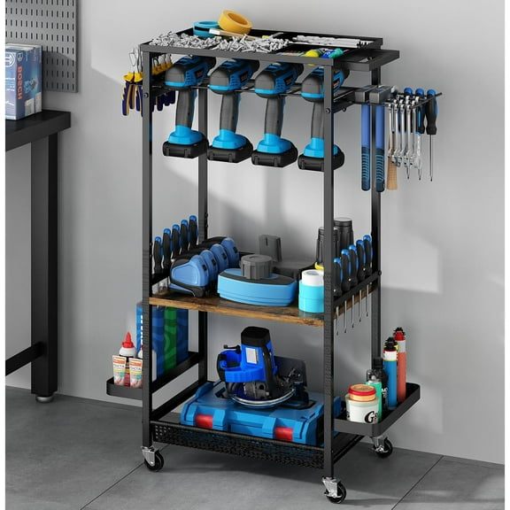 Utility Cart, Power Tool Organizer with Wheels for Garage Storage, Drill Rack with Pliers Rack, Screwdriver Organizer, Multifunctional Tool Shelf for Workshop