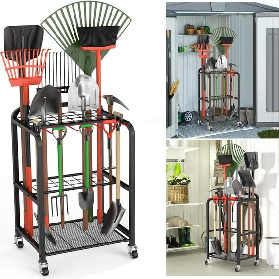 Garden Tool Organizer for Garage, Yard Tool Organizer with Wheels for Garage Organization and Storage - Sturdy Yard Tool Holder Tool Rack, for Shed, Outdoor, Tool Stand