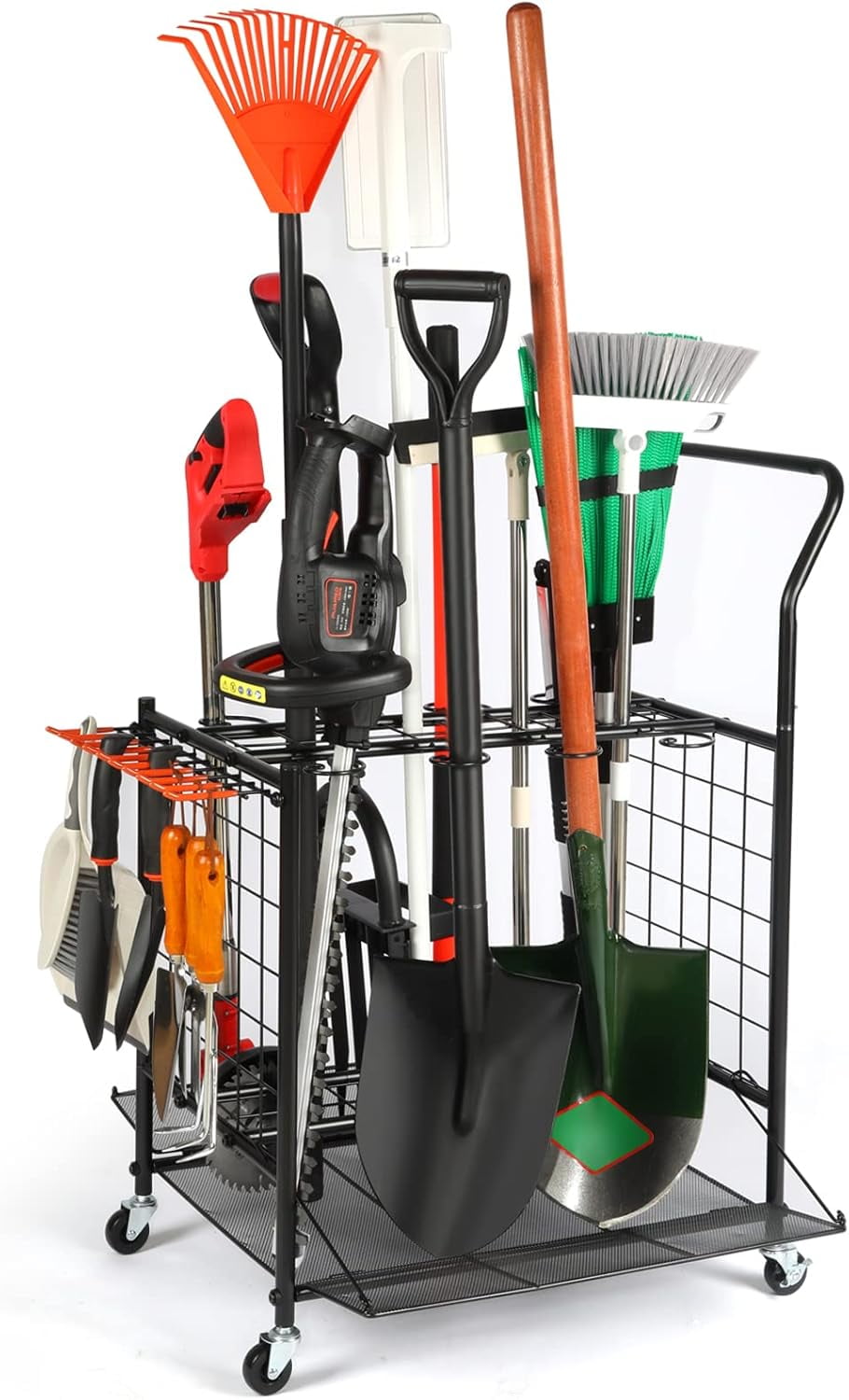 Black Steel Portable Garden Tool Organizer with Wheels