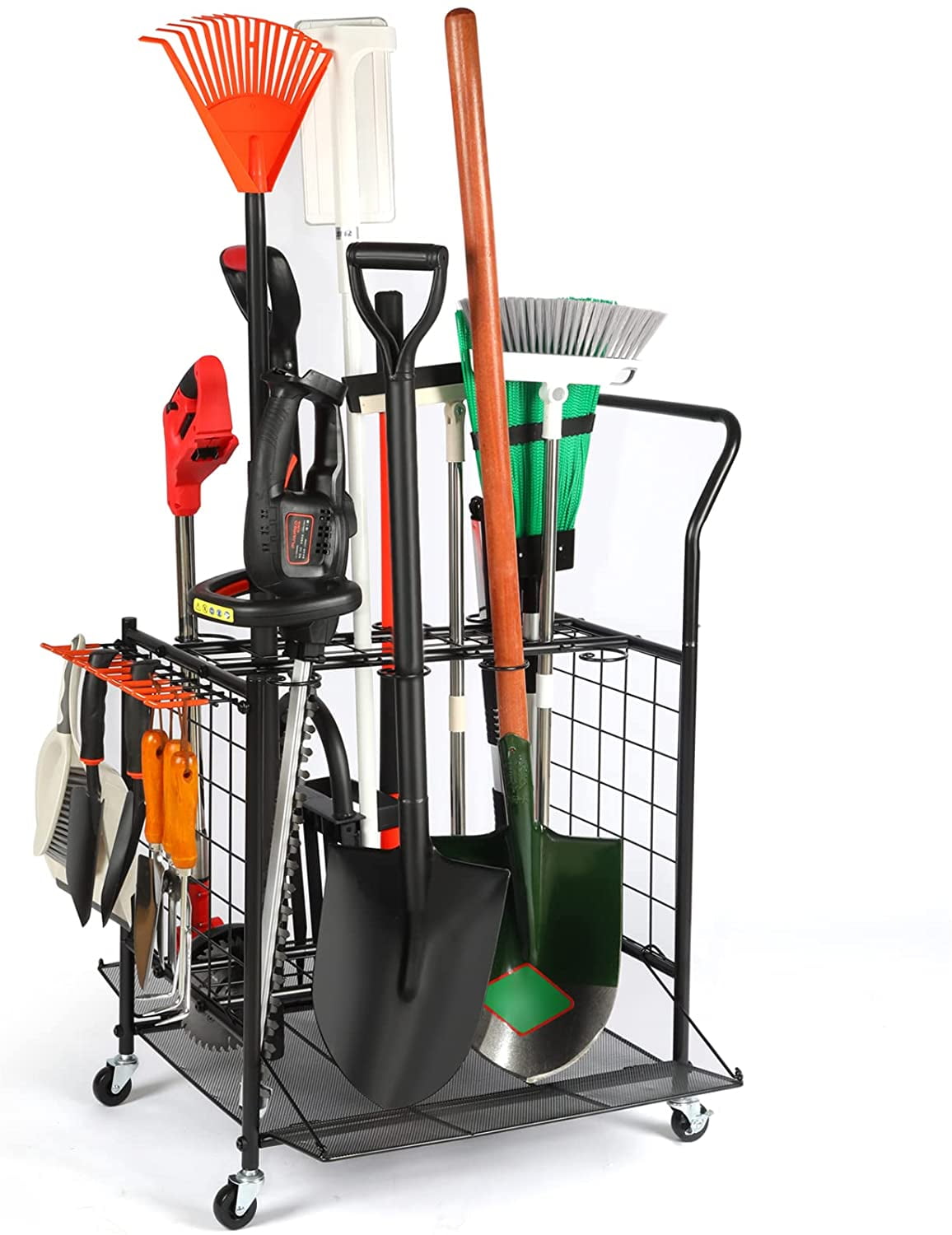 Black Steel Portable Garden Tool Organizer with Wheels