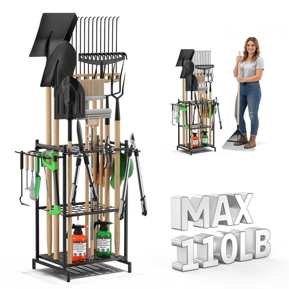 Garden Tool Organizer, Heavy Duty Steel Tower Rack with 2 Additional Hooks, Holds 35+ Long Handled Tools, Rakes Brooms, for Garage Storage & Shed & Outdoor Storage, Black