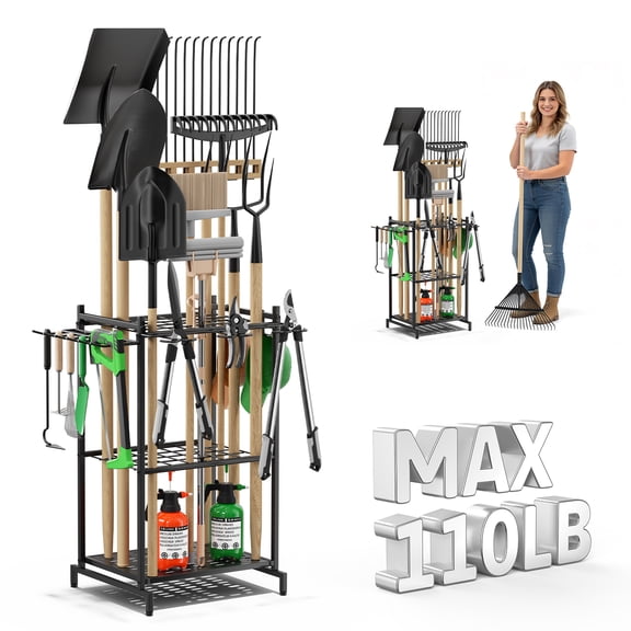 Garden Tool Organizer, Heavy Duty Steel Tower Rack with 2 Additional Hooks, Holds 35+ Long Handled Tools, Rakes Brooms, for Garage Storage & Shed & Outdoor Storage, Black