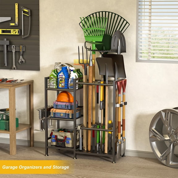 Garden Tool Organizer, Heavy Duty Yard Tool Tower Rack for Garage Organization and Storage, 3 Tier Utility Garden Tool Rack with hooks for Garden/Shed/Garage/Yard/Basement/Lawn