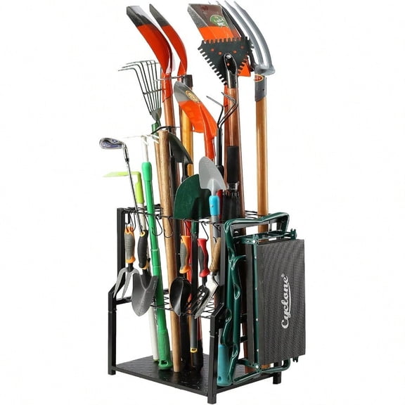 Garden Tool Organizer Heavy DutyYard Tool Tower Rack Garage Storage Organization For Long Handle Tools Rake Brooms Extra Hooks For Small Shovel Shear.All Metal Free Standing.