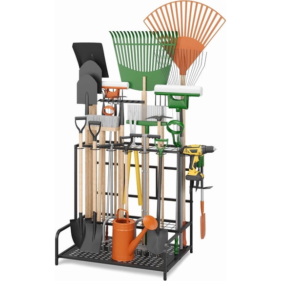 Garden Tool Organizer Rack Up to 39 Tools, Heavy-Duty Steel Yard Tool Organizer for Garage Storage with 12 Hooks, Broom Holder & Garden Tool Rack for Shed, Patio, Outdoor Storage, Black