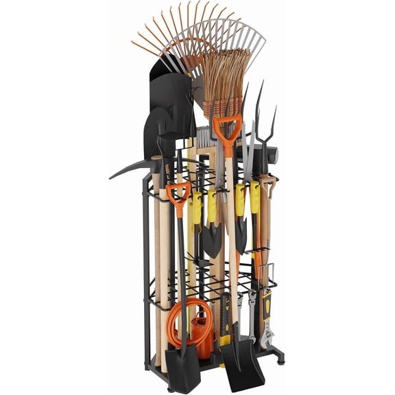 Garden Tool Organizer Rack Up to 50 Tools, Heavy-Duty Steel Yard Tool Organizer for Garage Storage with 11 Hooks, Broom Holder & Garden Tool Rack for Shed, Patio, Outdoor Use, Black