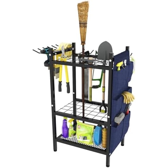 Garden Tool Organizer Rack, Heavy Duty Metal Yard Tool Stand for Garage, Shed, Outdoor, Holds Up to 50 Long-Handled Tools, Rakes, Brooms, Shovels, 3-Tier Utility Storage with Hooks, Black