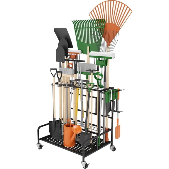 Garden Tool Organizer Rack with Wheels Up to 39 Tools, Heavy-Duty Steel Yard Tool Organizer for Garage Storage with 12 Hooks, Broom Holder & Garden Tool Rack for Shed, Patio, Outdoor Use, Black