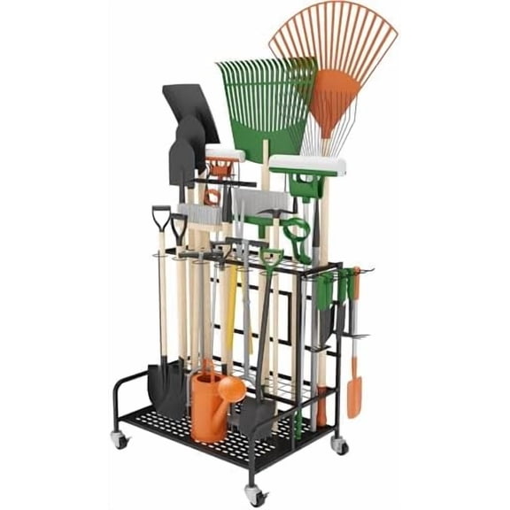 Garden Tool Organizer Rack with Wheels Up to 39 Tools, Heavy-Duty Steel Yard Tool Organizer for Garage Storage with 12 Hooks, Broom Holder & Garden Tool Rack for Shed, Patio, Outdoor Use, Black