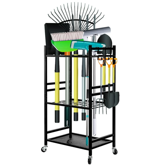 OUTMASTER Garden Tool Organizer Rack with Locking Wheel,Heavy-Duty Storage for Garage & Yard Tools
