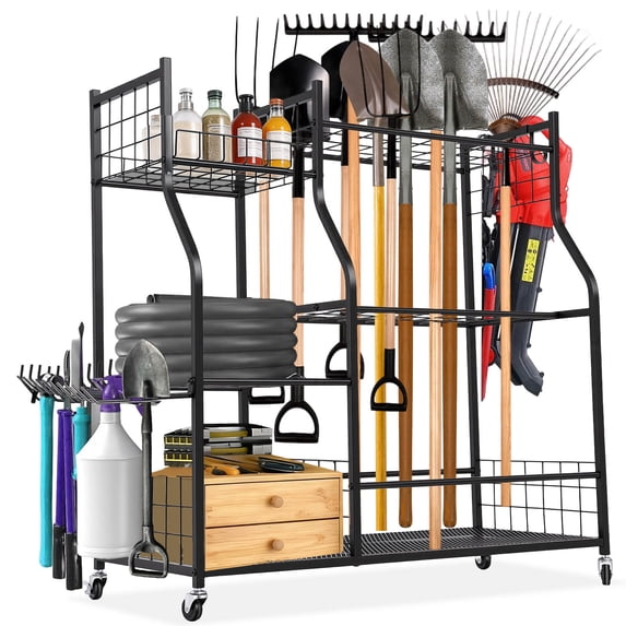 Garden Tool Organizer Rolling Cart Large Capacity Rust-Resistant Metal Tool Cart with Wheels Hooks Garage Shed Yard Outdoor Storage Rack