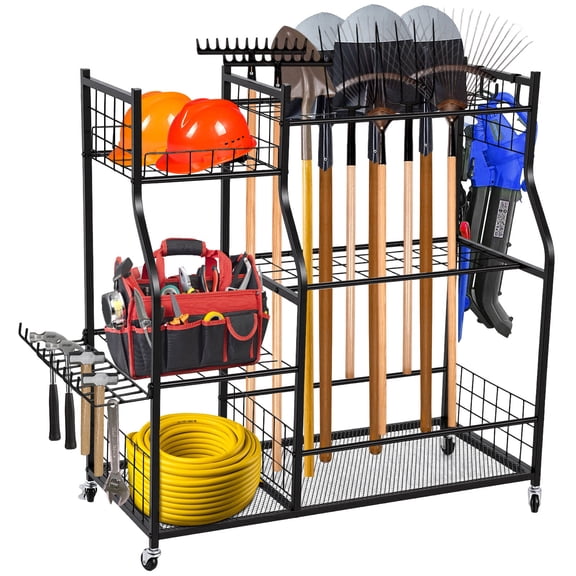 Garden Tool Organizer Rolling Cart Silent Swivel Wheels Reinforced One-Piece Structure Rust-Resistant Metal Tool Storage Rack with 2 Hooks Garage Shed Yard Outdoor