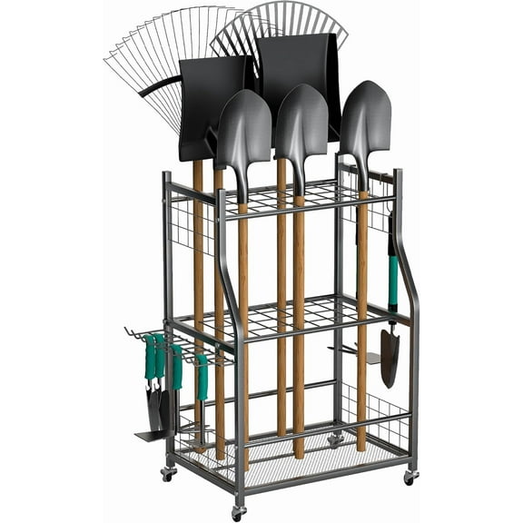 Garden Tool Organizer Stand, Garage Storage Organization, Yard Racks with lockable wheels, Fit for Long-Handled Tools/Rakes/Brooms, Indoor/Outdoor Use