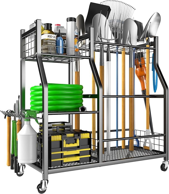 Garden Tool Organizer Stand, Garage Tool Storage Organization, Yard Tool Racks with lockable wheels, Fit for Long-Handled Tools/Rakes/Brooms