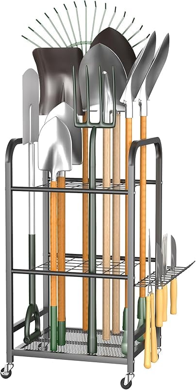 Garden Tool Organizer Stand, Garage Tool Storage Organization, Yard Tool Racks with lockable wheels, Fit for Long-Handled Tools/Rakes/Brooms
