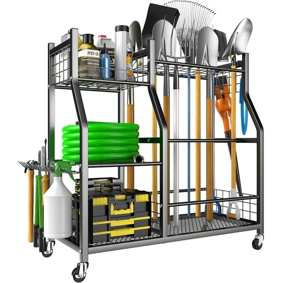 Garden Tool Organizer Stand, Garage Tool Storage Organization, Yard Tool Racks with lockable wheels, Fit for Long-Handled Tools/Rakes/Brooms