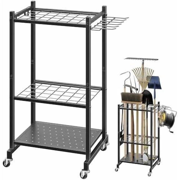 Garden Tool Organizer Stand with Wheels,Yard Tool Organizer for Garage with 2 Hooks, Rack Up to 42 Tools,Broom Holder & Garden Tool Rack for Shed, Patio, Outdoor Use$$Tools & Hardware Other