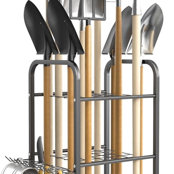 Garden Tool Organizer Stand with Wheels, Rakes Shovels Yard Tools Stand for Garage, Shed, Garden, Indoor/Outdoor Long-Handled Tools Cart