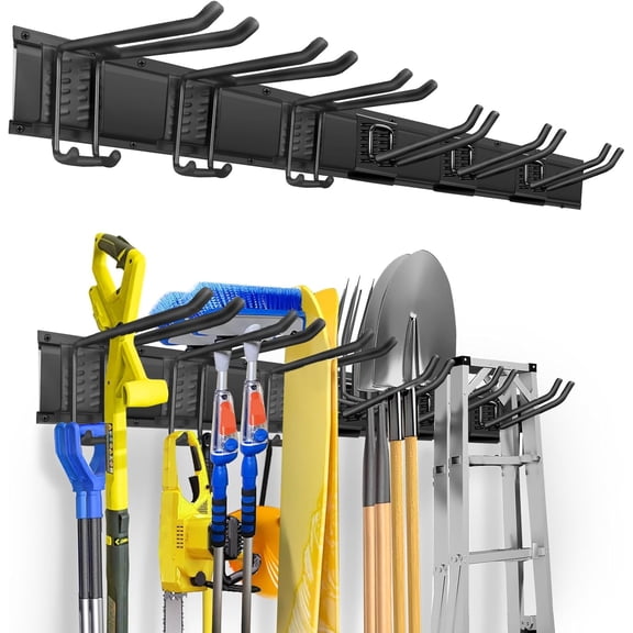 Garden Tool Organizer Wall Mount, Heavy Duty 48 Inches Garage Organization and Storage Racks for Yard Tools with 6 Hooks, Tool Hangers Holders for Hanging Folding Chair, Rake and Shovel