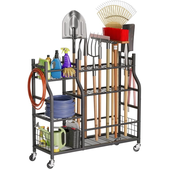 Garden Tool Organizer with Wheels for Garage and Shed, Spacious Tool Storage, Multi-Tier Design with Side Hooks for Rakes, Shovels, Brooms, and Yard Tools Rolling Cart