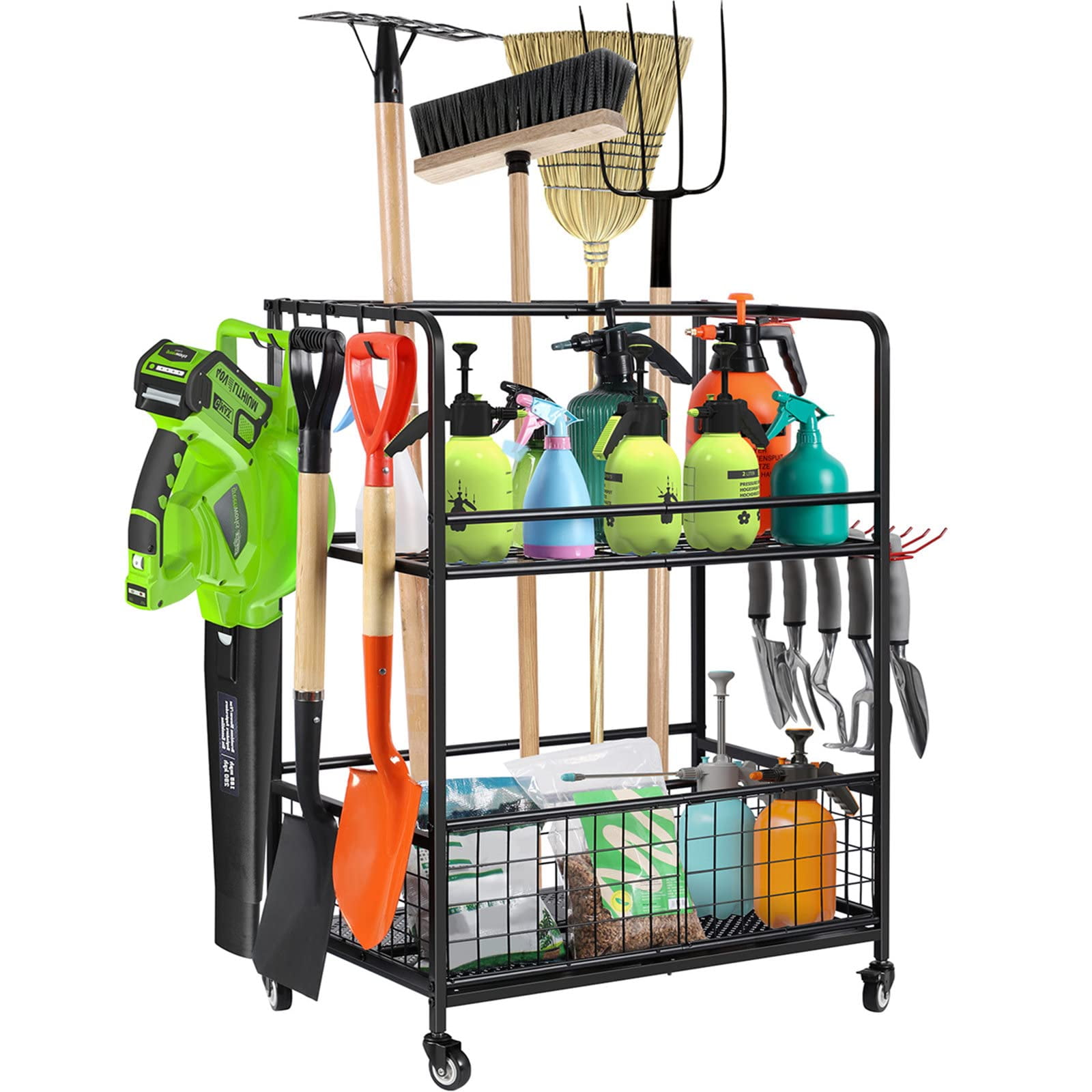 Garden Tool Organizer with Wheels, Heavy Duty Metal Tool Shelf, Garage