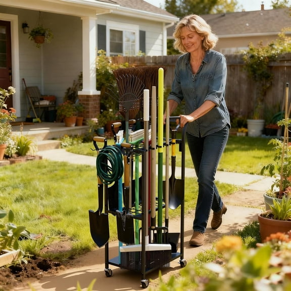 Garden Tool Organizer with Wheels, Heavy Duty Rolling Yard Tool Rack with 14 Hooks & 5 Slots, 3-Tier Metal Cart Holds 50+ Rakes/Shovels/Brooms, Mobile Lawn Storage for Garage Shed Outdoor