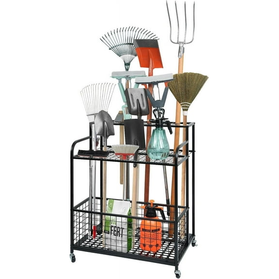 Garden Tool Organizer with Wheels, Large Tool Storage Holds Up to 42 Long Handled Yard Tools Tools, Rakes, Brooms, Heavy Duty Steel Tool Rack for Garage, Shed, Basement (L-Wheels)