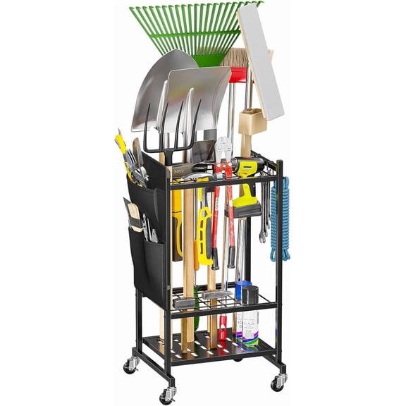 Garden Tool Organizer with Wheels, Rolling Yard Tower Rack Carts for Garage Organization Large Bags Pockets, Up to 25 Long-Handled Tools/Rakes/Brooms Shed, Outdoor, Black
