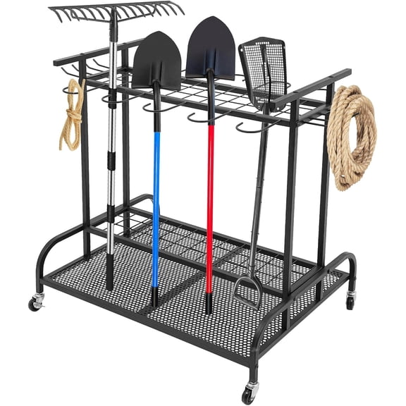 Garden Tool Organizer with Wheels Tool Tower Garage Storage Shed Organization Stand Rack with Hooks, Long Handle Tool Storage for Shed, Garage, Garden