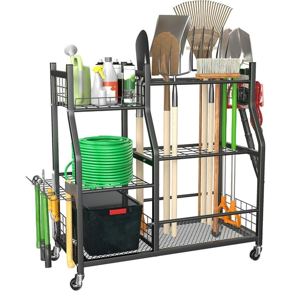 Garden Tool Organizer, Yard Tool Storage Rack for Garage Organization with Lockable Wheels, Garden Tool Stand for Rake, Brooms, Indoor & Outdoor Use
