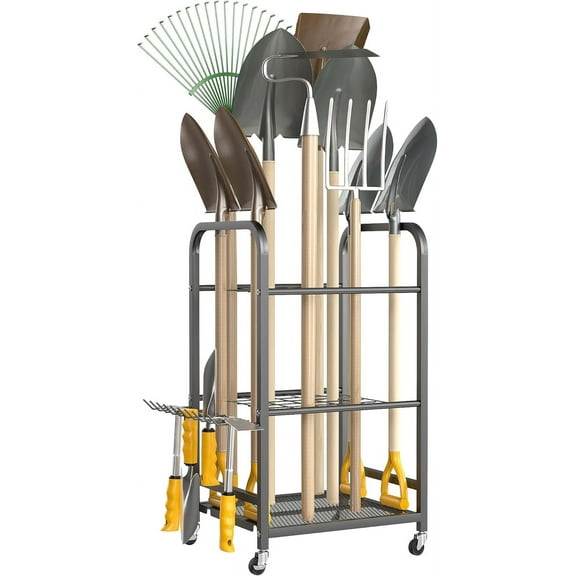 Garden Tool Organizer, Yard Tool Storage Stand for Garage with Lockable Wheels, Shed Tool Storage for Rake, Brooms, Indoor & Outdoor Use