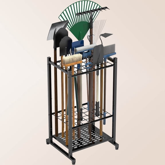 Garden Tool Organizer, Yard Tool Tower Rack for Garage Organization and Storage, Up to Long-Handled Tools, Heavy Duty Steel Tool Stand for Shed, Outdoor, Black