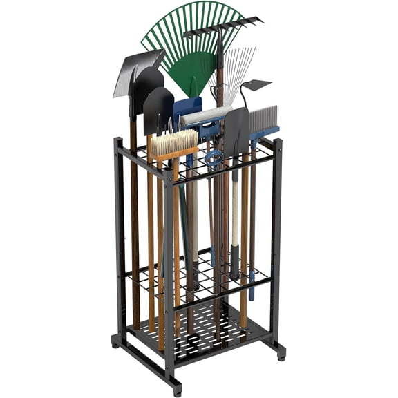 Garden Tool Organizer, Yard Tower Rack for Garage Organization and Storage, Up to 35 Long-Handled Tools/Rakes/Brooms, Heavy Duty Steel Stand Shed, Outdoor, Black