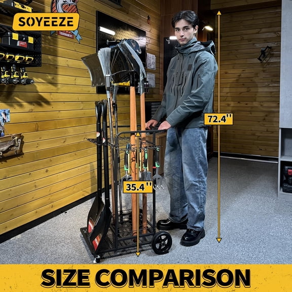 Garden Tool Organizer with Large Wheels Heavy Duty 3-Tier Yard Tower for Garage Holds to 35 Long-Handled Tools Storage Cart