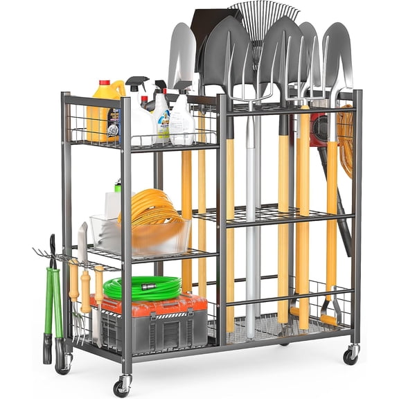 Garden Tool Organizer with Lockable Wheels, Yard Tool Storage Rack for Garage, Garden Tool Stand for Rake, Brooms, Indoor & Outdoor Use