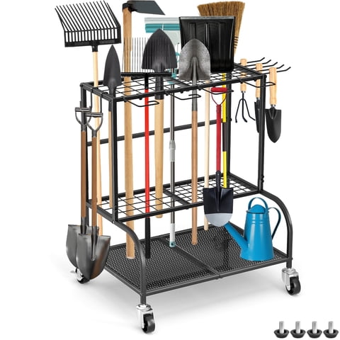 Garden Tool Organizer with Wheels, UNTIMATY Metal Yard Tool Rack with Hooks for Garage Storage,Heavy-Duty Storage Holder for Yard Backyard