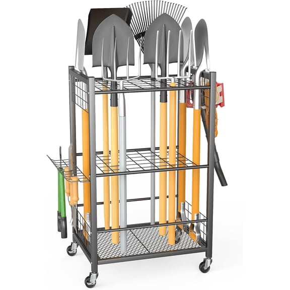 Garden Tool Organizer with Wheels, Yard Storage Stand for Garage, Shed Rake, Brooms, Tools Rolling Cart Indoor & Outdoor Use