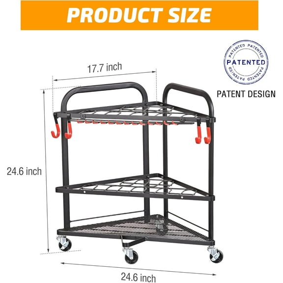 Garden Tool Organizer with Wheels and Storage Hooks, Rolling Corner Tool Storage Rack for Garden, Shed, Garage, Powder Coated Steel, Black