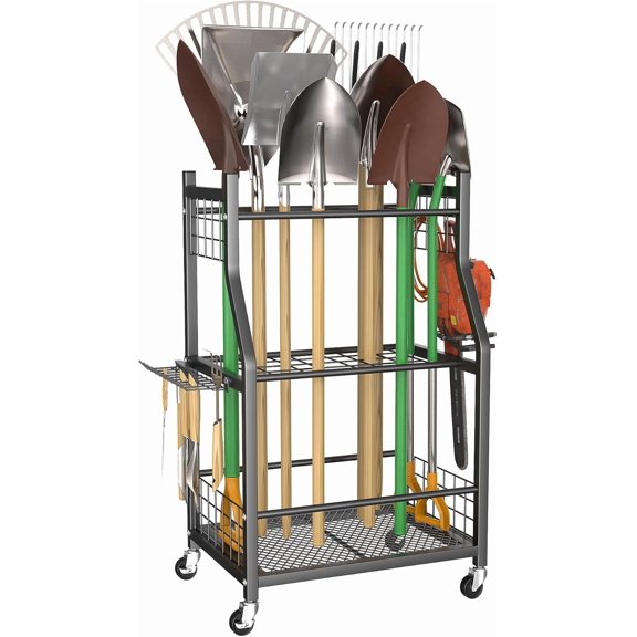 Garden Tool Organizer with Wheels for Garage, Rakes/Shovels/Yard Tools Storage Stand for Garden, Shed, Indoor/Outdoor Long-Handled Tools Rolling Cart