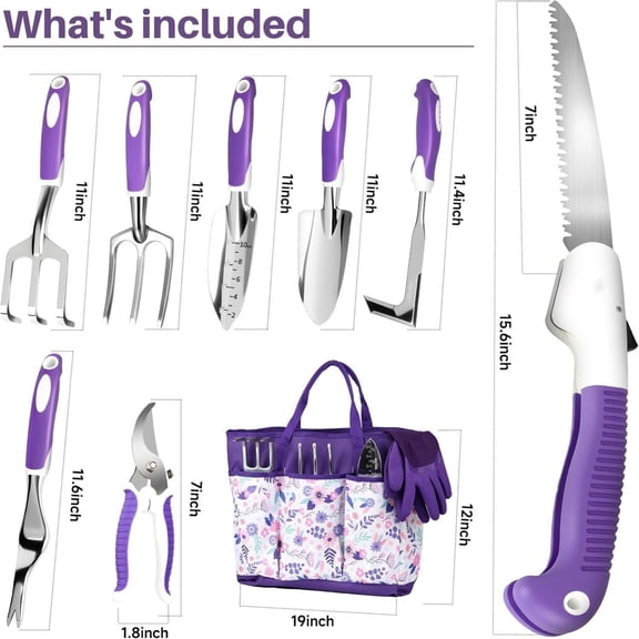 Garden Tool Set, 10 Pcs Heavy Duty Gardening Tool Kit Women Garden Gift Set Aluminum with Non Slip Handle, Storage Tote Bag and Gloves, Garden Supplier for Women&Men(Purple)