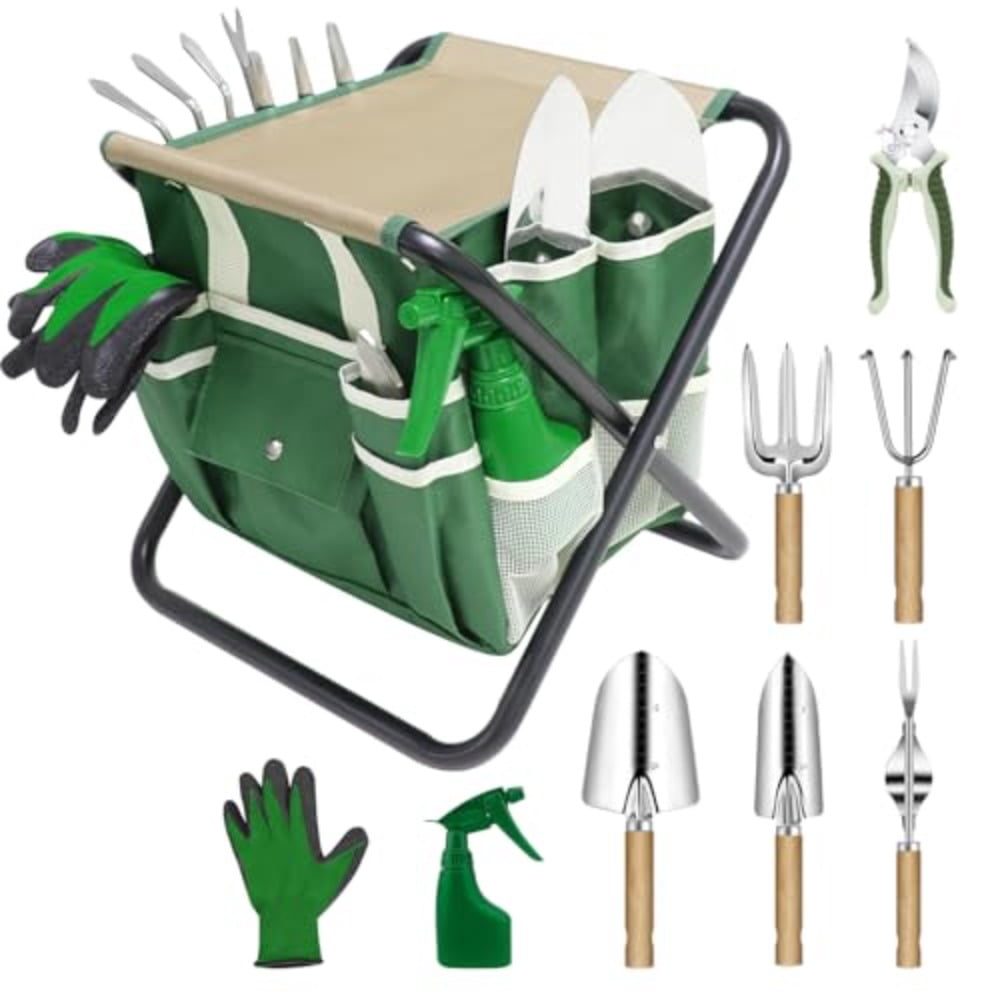 Garden Tool Set 10 Piece Kit with Heavy Duty Folding Stool Detachable Storage Tote Bag Stainless Steel Tools Gifts for Women Men Green