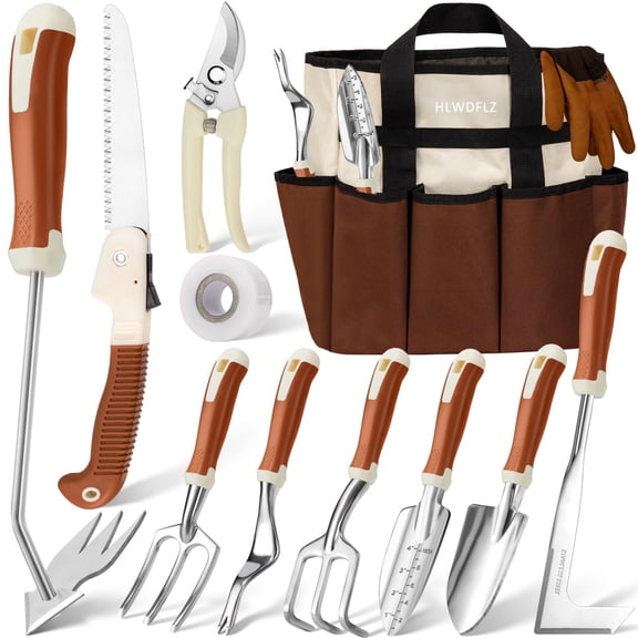 Garden Tool Set, 12 Pcs Heavy Duty Floral Gardening Tools Kit with Gardening Hand Weeder Tools, Durable Storage Bag and Gloves, Gifts for Women and Men Brown