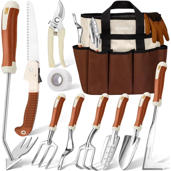 Garden Tool Set, 12 Pcs Heavy Duty Floral Gardening Tools Kit with Gardening Hand Weeder Tools, Durable Storage Bag and Gloves, Gifts for Women and Men Brown