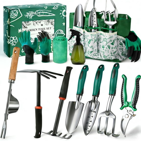 Garden Tool Set  12-piece Complete Stainless Steel Gardening Heavy Duty Tools With Large Storage Tote Gifts For Women Men Mom & Dad Beginners Gardeners Green