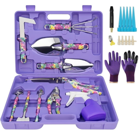 Garden Tool Set, 17-Piece Garden Tools with Floral Print, 304 Stainless Steel Garden Tools Set, Gardening Kit Gardening Gifts for Women, Blue
