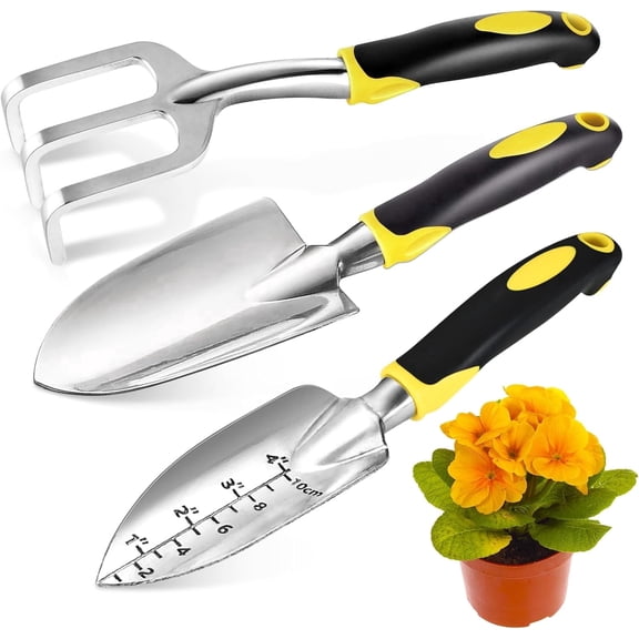 3 Pcs Yellow Garden Tool Set, Heavy Duty Trowel, Transplanter & Hand Rake Kit