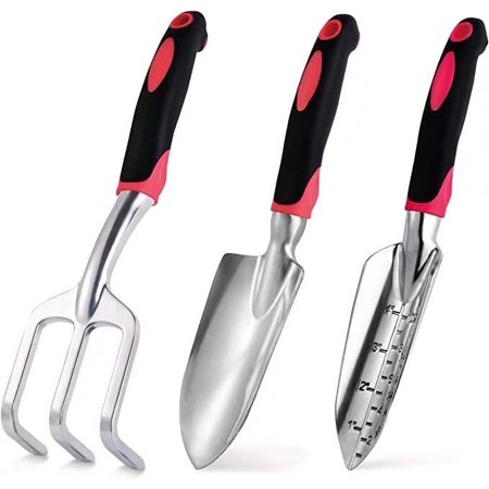 Garden Tool Set - 3 Piece Heavy Duty Gardening Hand Tools - Small Hand Tools for Weeding, Transplanting, Digging(Red)