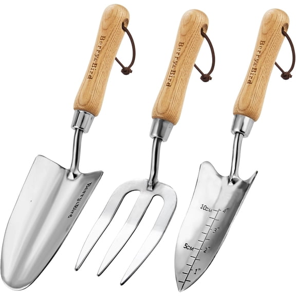 Garden Tool Set- 3PCS Stainless Steel Gardening Tool Sets with Wooden Handle Trowel Weeding Fork & Digging Shovel Hand Tool Kit for Planting, Ideal Gardening Gift for Women & Men