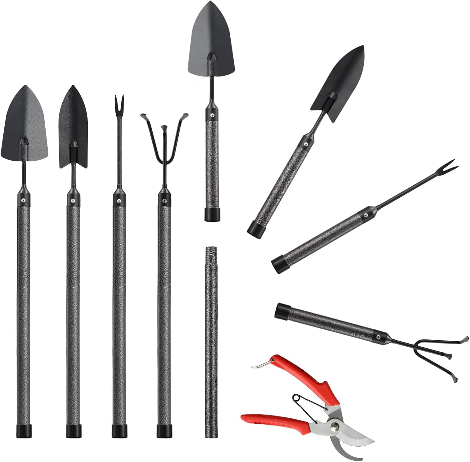 Garden Tool Set, 5Pcs Garden Tools with Extensions, Heavy Duty Rustproof Metal Gardening Tool Shovel Weeder Tiller Pruning Shear Gardening Supplies Garden Gifts for Women Kids