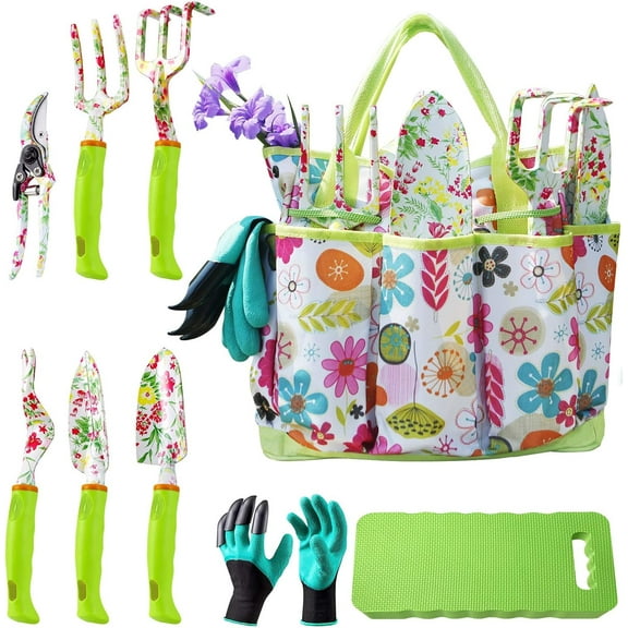 Tool Set,Cute Gardening Gifts for Women,Birthday Gifts for Mom,Heavy Duty Tool Kit with Gloves,Garden Tote,Kneeling Pad,Hand Pruner,Trowel,Hand Rake,Weeder,Fork,Transplanter,Multicolor